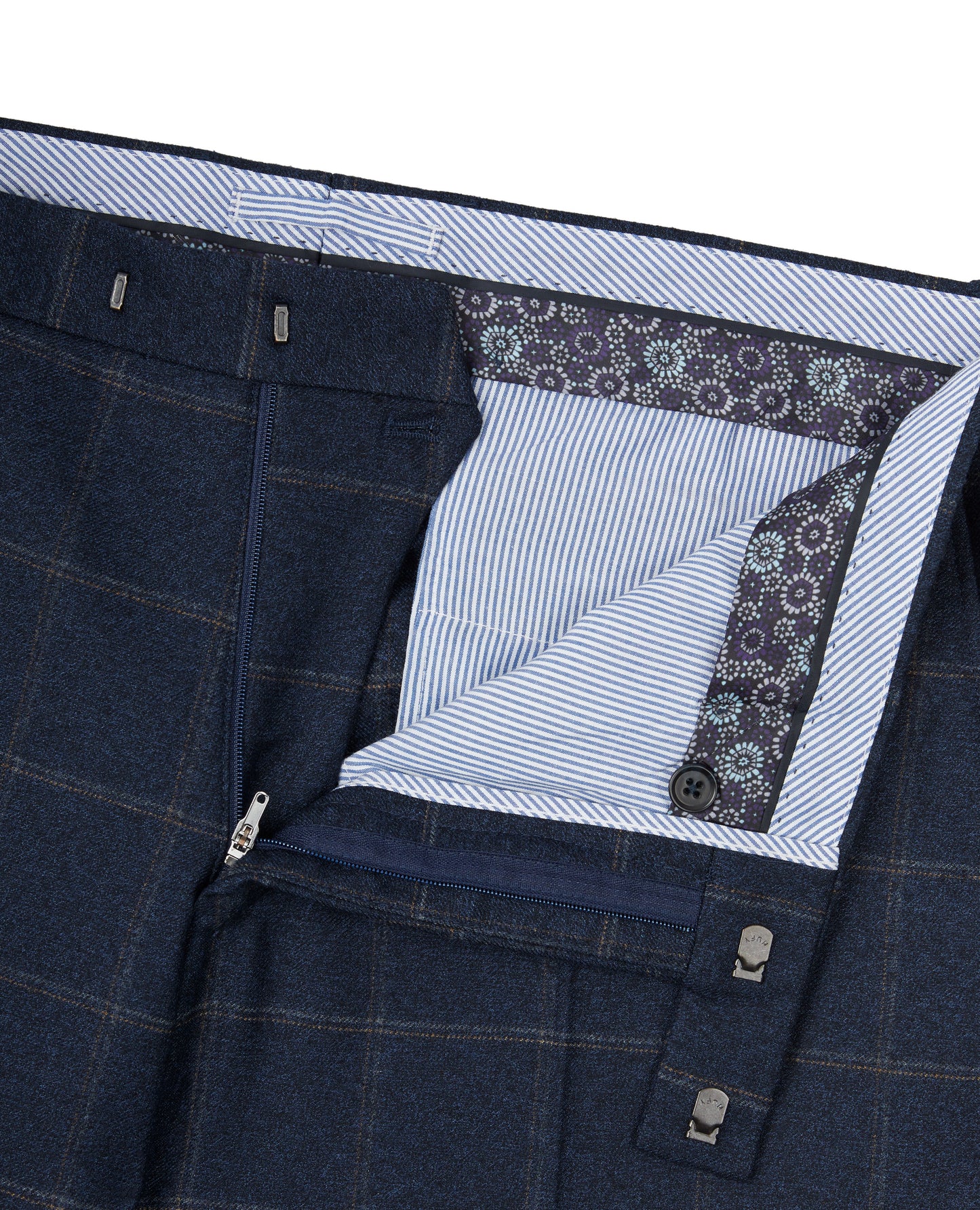 Image 2 of Jubilee Wool Silk Cashmere Slim Fit Navy and Beige Check Trousers