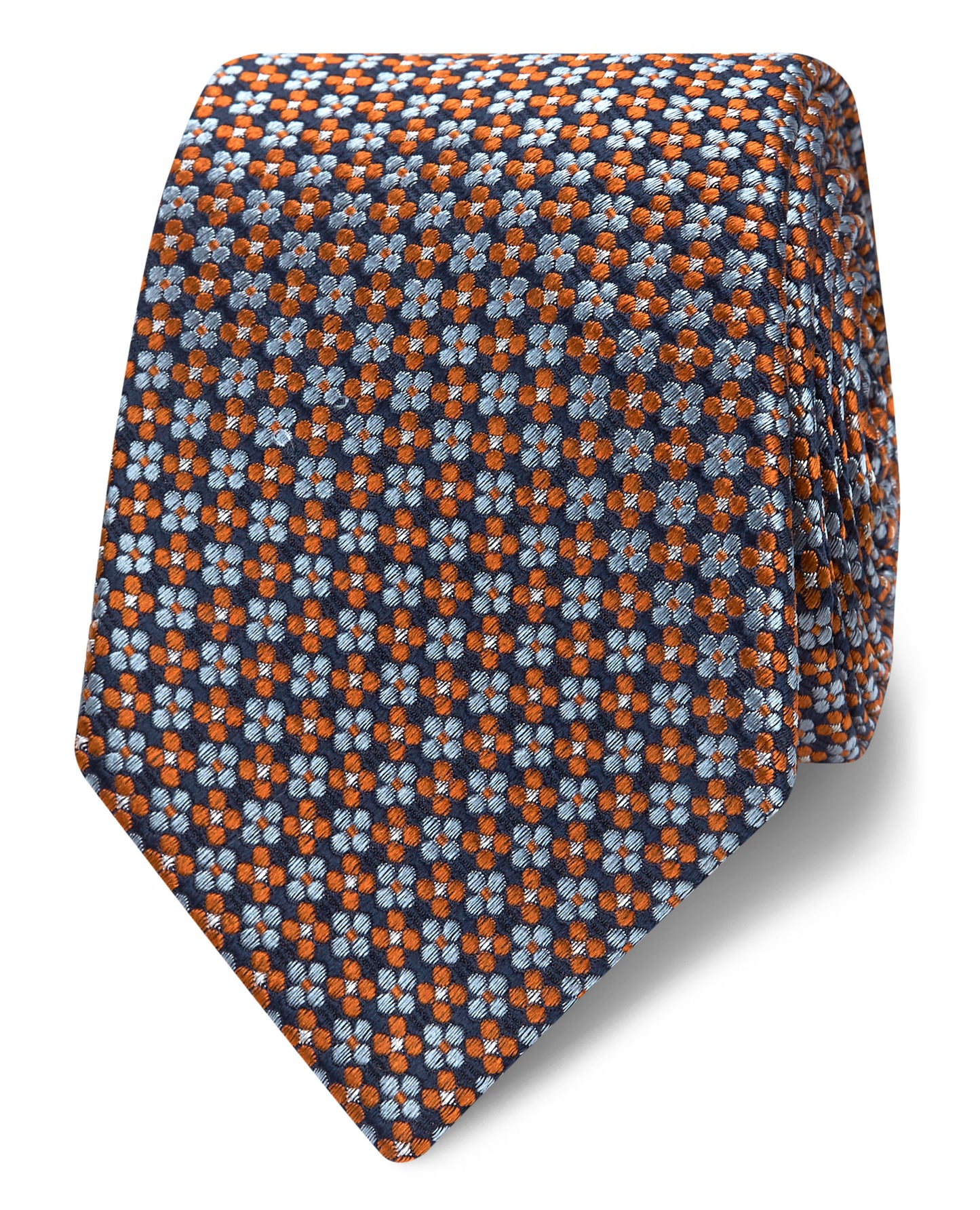 Image 1 of Slim Orange and Blue Geo Flower Silk Tie