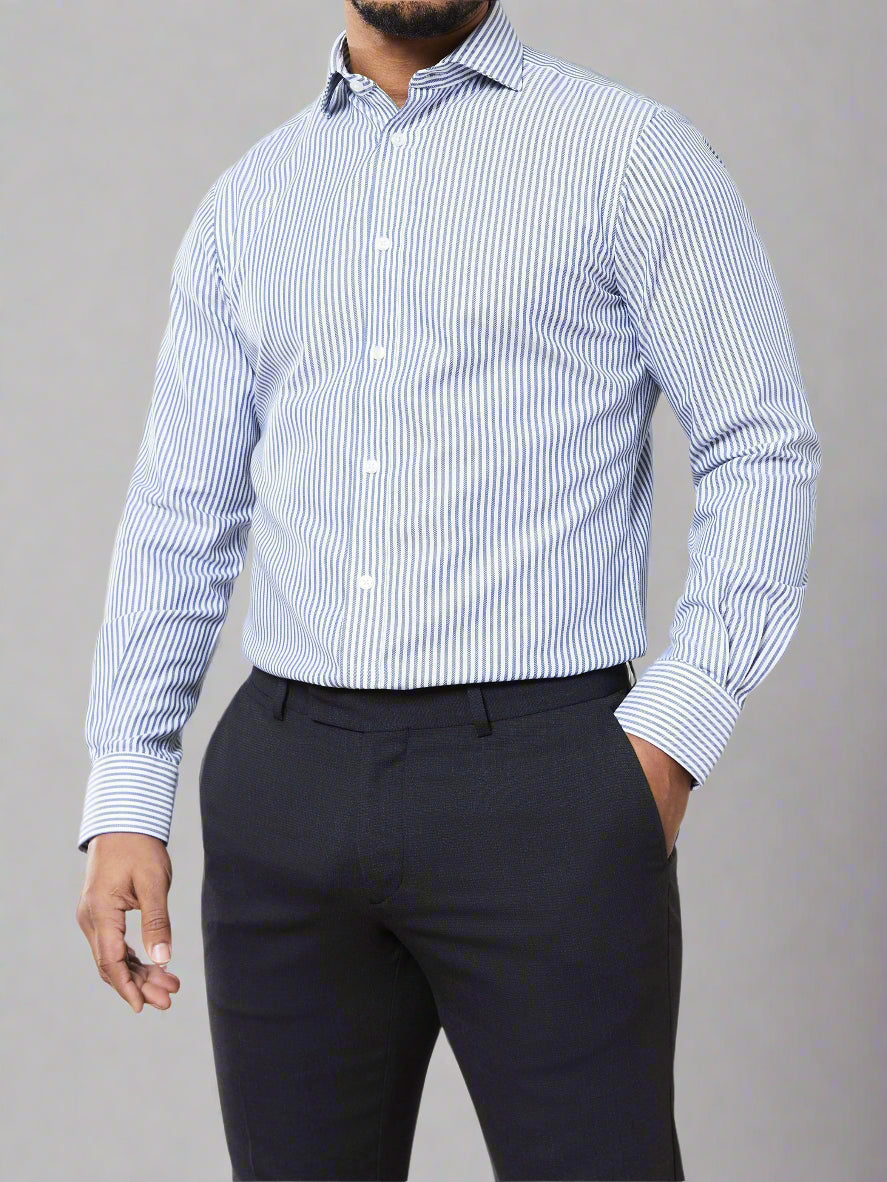 Image 1 of Navy Blue Bengal Stripe Twill Regular Fit Single Cuff Cutaway Collar Shirt