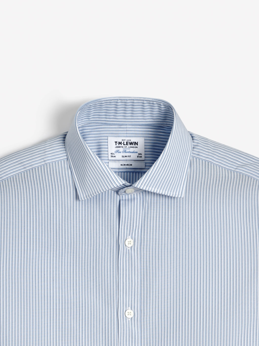 Image 6 of Easy To Iron Blue Edged Stripe Poplin Slim Fit Single Cuff Classic Collar Shirt