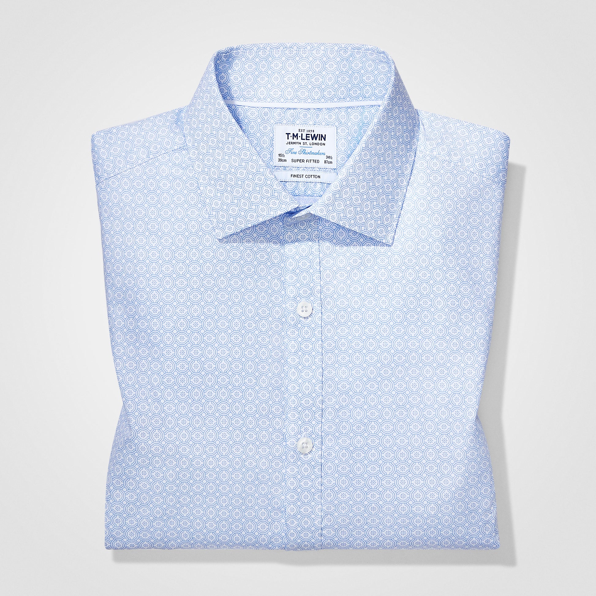 Image 1 of Blue Geometric Print Twill Super Fitted Single Cuff Classic Collar Shirt
