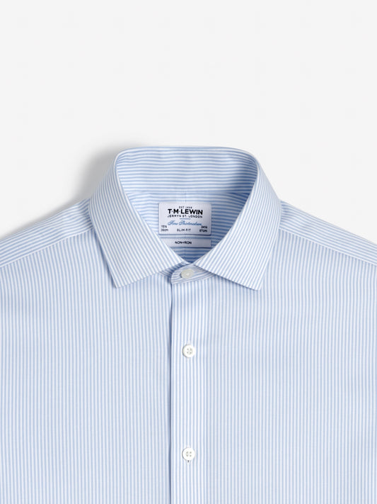 Image 1 of Non-Iron Light Blue Narrow Stripe Twill Slim Fit Double Cuff Classic Collar Shirt