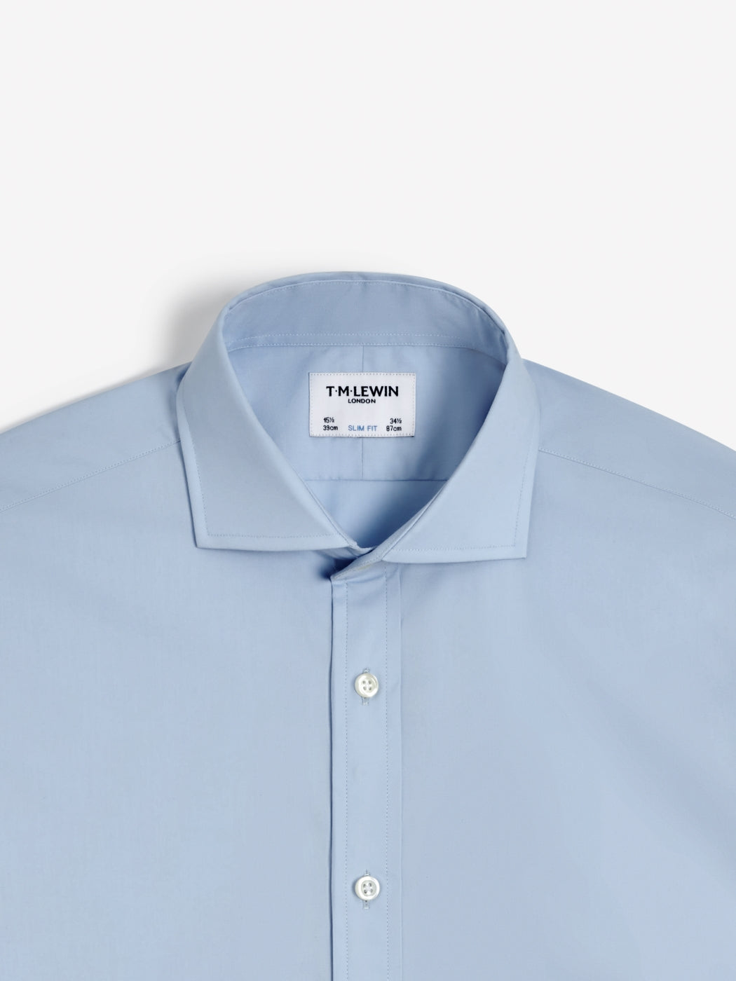 Image 1 of Easy To Iron Light Blue Plain Poplin Stretch Slim Fit Single Cuff Cutaway Collar Shirt