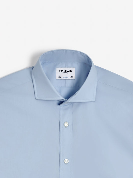 Image 1 of Easy To Iron Light Blue Plain Poplin Stretch Slim Fit Single Cuff Cutaway Collar Shirt