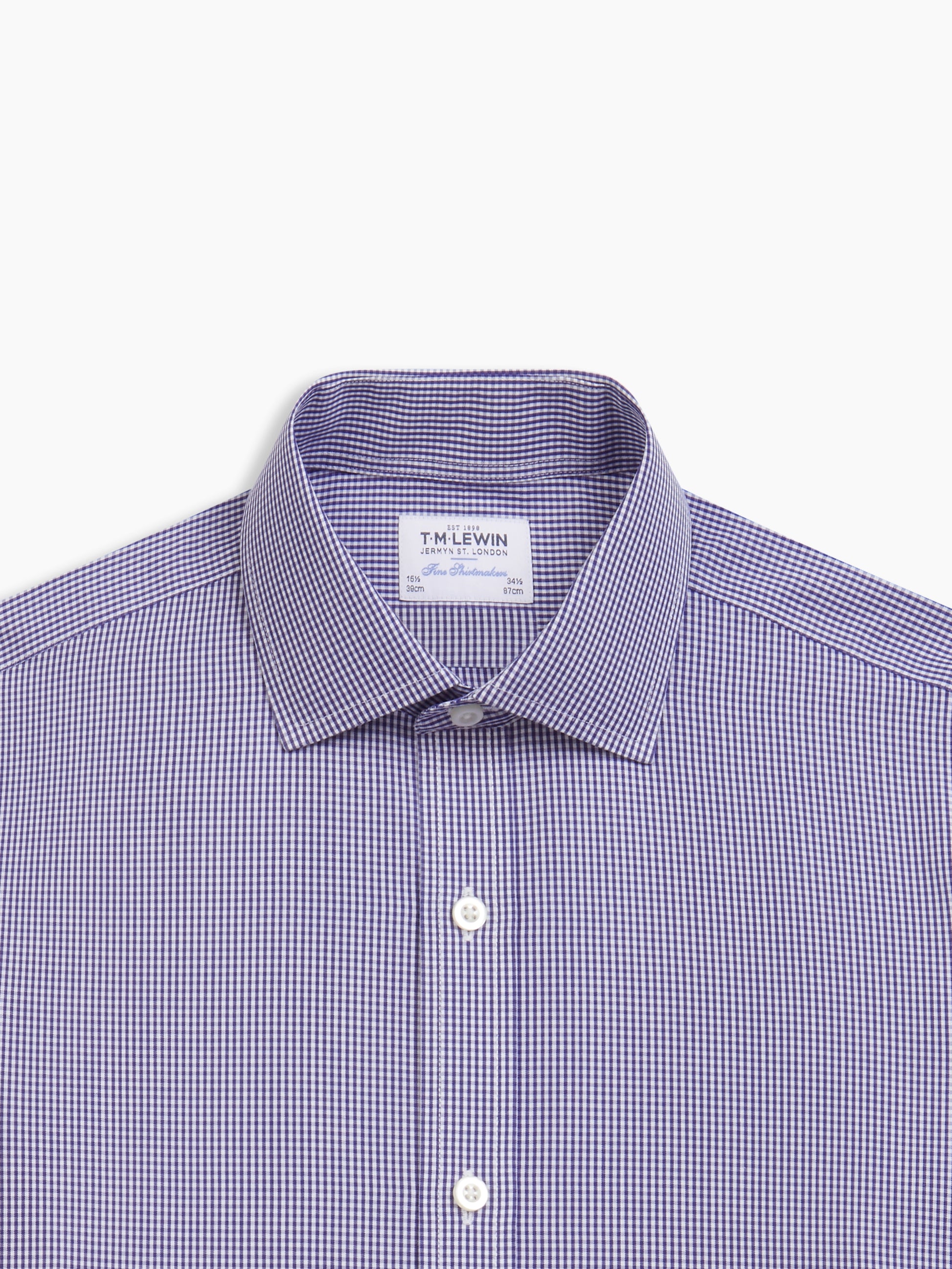 Image 1 of Non-Iron Navy Blue Gingham Poplin Fitted Single Cuff Classic Collar Shirt