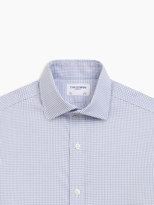 Image 1 of Non-Iron Navy Blue Zigzag Medium Check Dobby Fitted Single Cuff Classic Collar Shirt