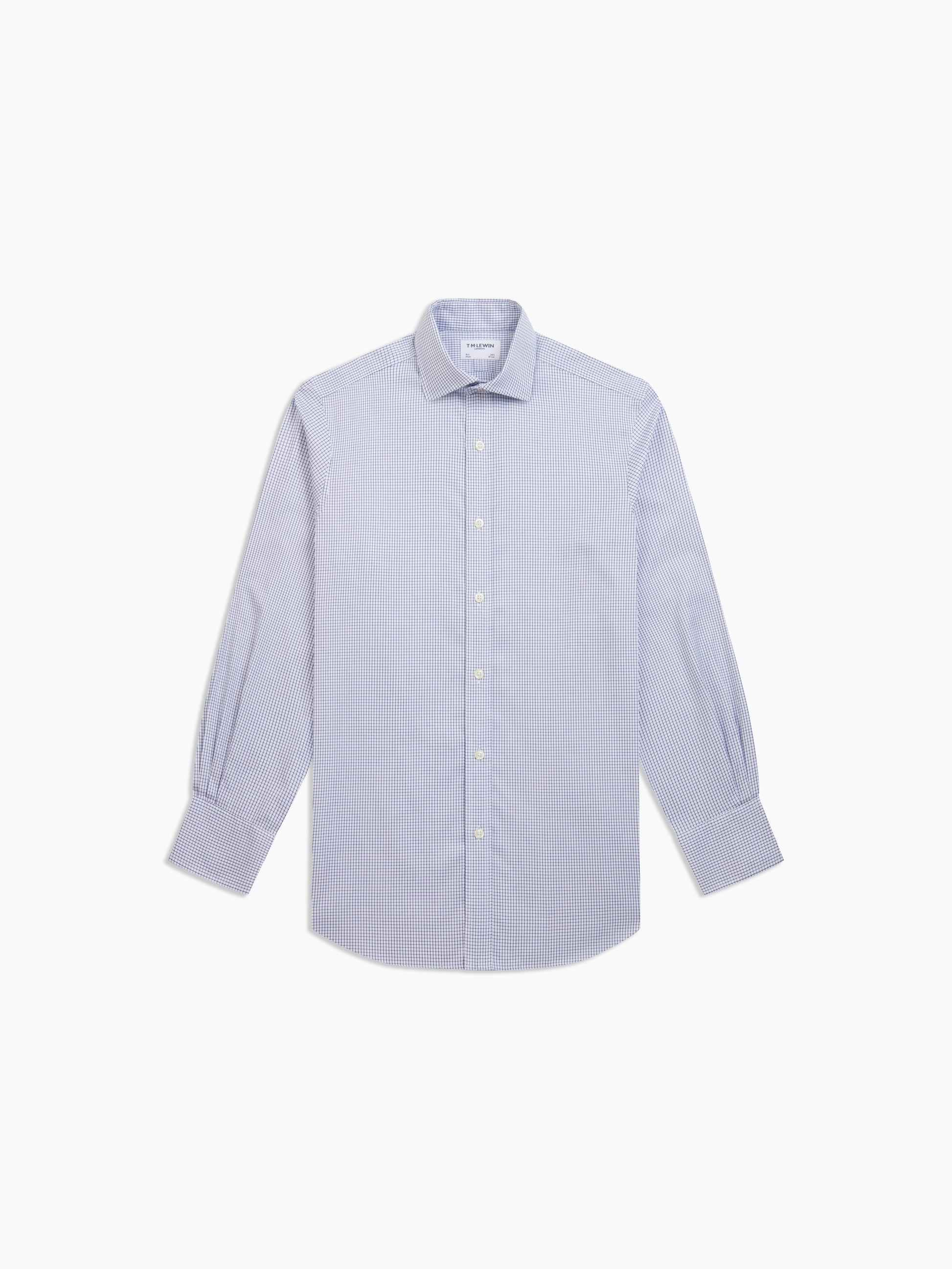 Image 2 of Non-Iron Navy Blue Zigzag Medium Check Dobby Slim Fit Single Cuff Classic Collar Shirt