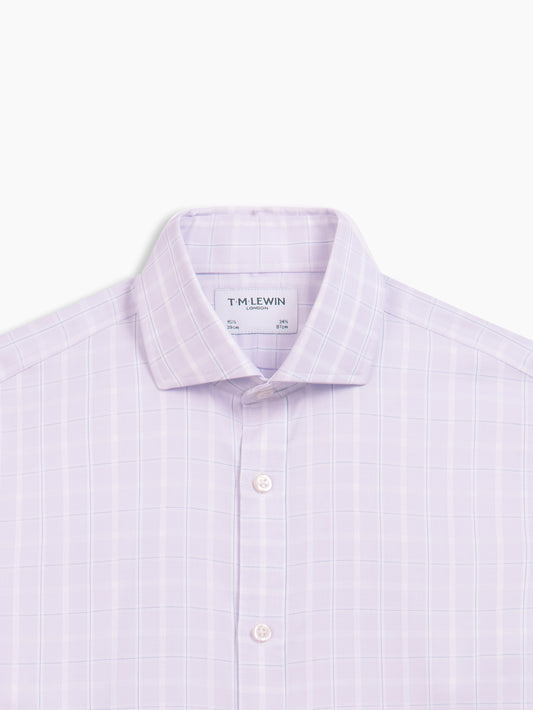 Image 1 of Non-Iron Purple Grid Check Twill Fitted Single Cuff Classic Collar Shirt