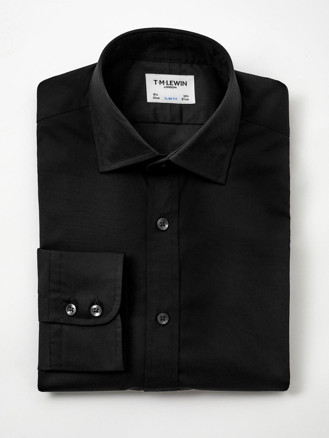 Image 6 of Easy To Iron Black Plain Poplin Stretch Slim Fit Single Cuff Cutaway Collar Shirt