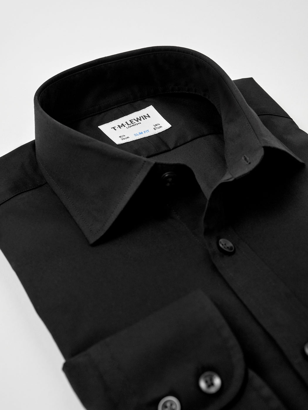 Image 7 of Easy To Iron Black Plain Poplin Stretch Slim Fit Single Cuff Cutaway Collar Shirt