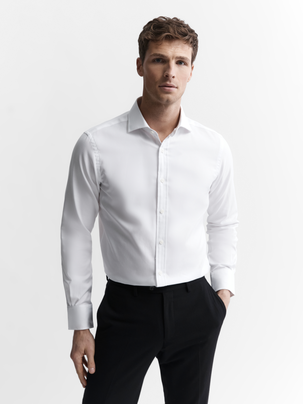 Image 2 of Easy To Iron White Plain Twill Stretch Slim Fit Single Cuff Cutaway Collar Shirt