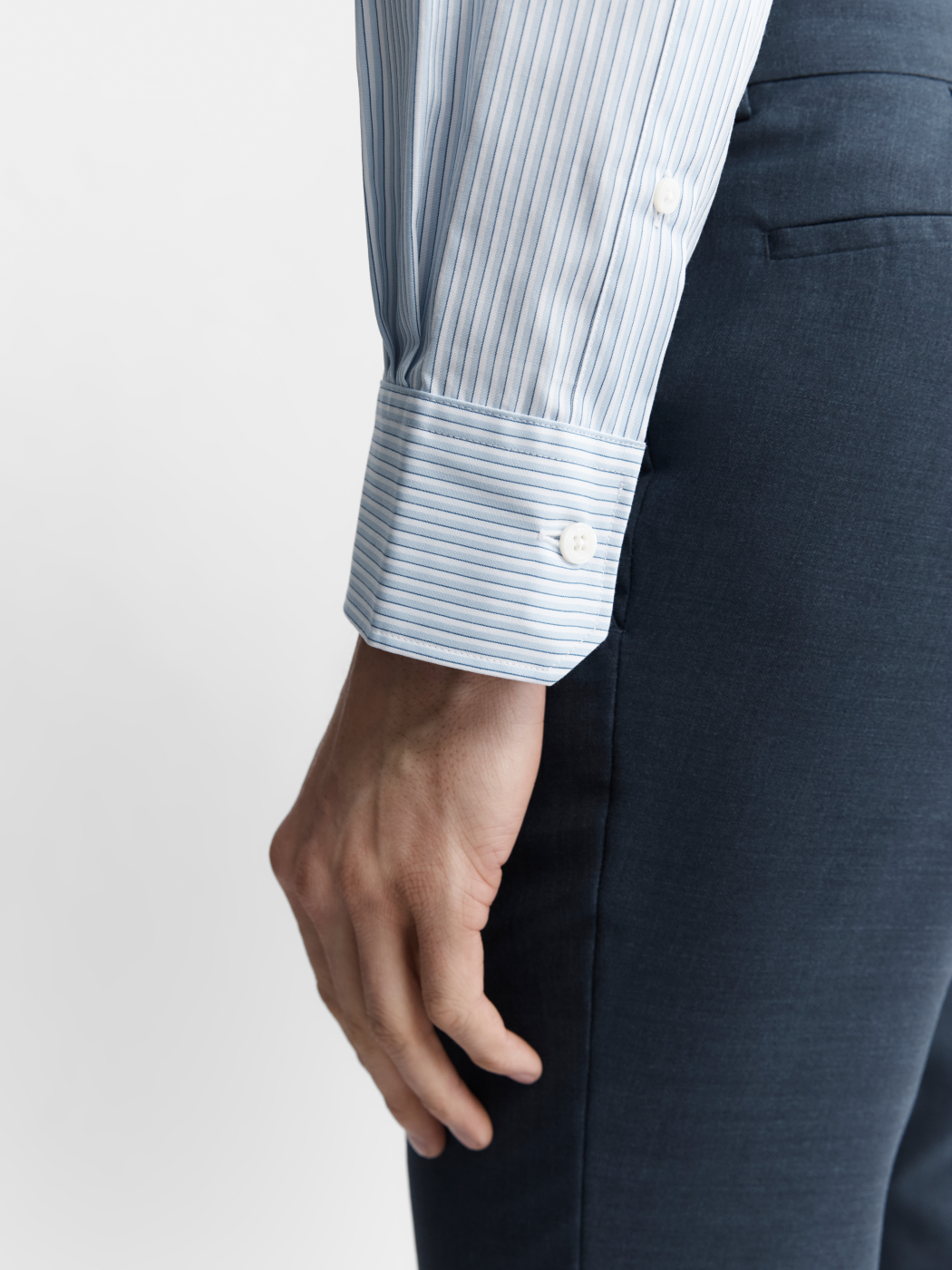 Image 4 of Easy To Iron Blue Edged Stripe Poplin Slim Fit Single Cuff Classic Collar Shirt