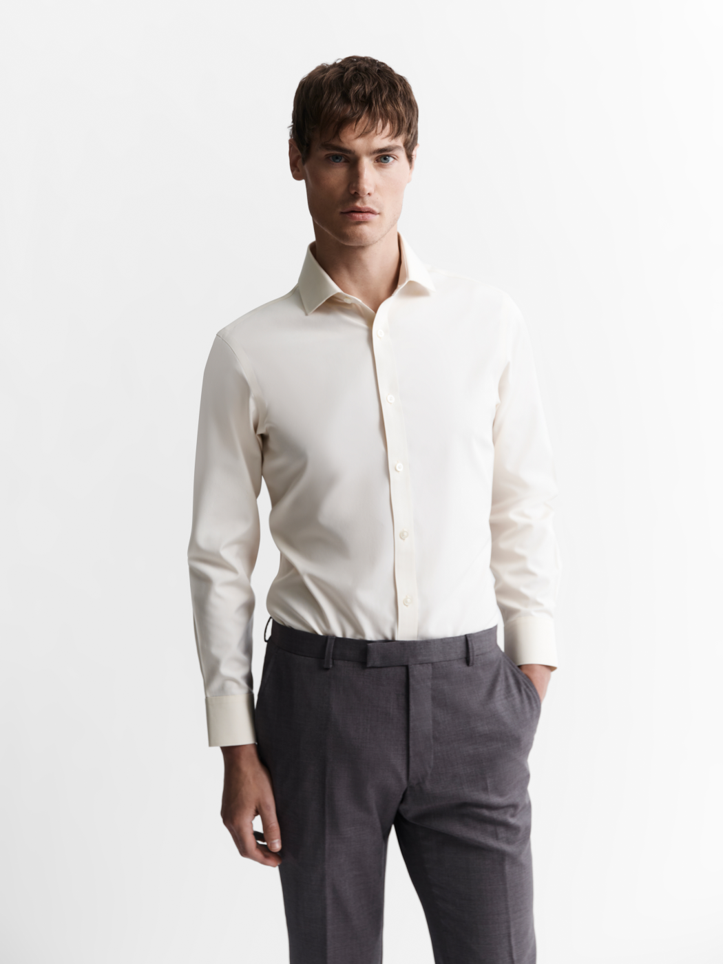 Image 1 of Non-Iron Ecru Plain Oxford Fitted Single Cuff Classic Collar Shirt