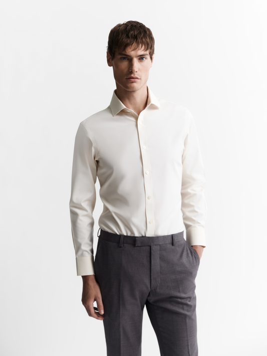 Image 1 of Non-Iron Ecru Plain Oxford Slim Fit Single Cuff Classic Collar Shirt