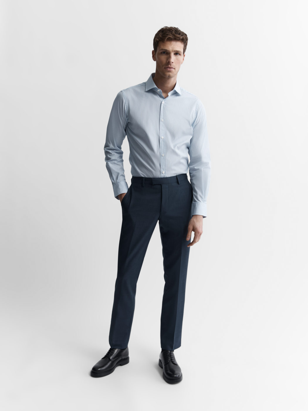 Image 2 of Easy To Iron Blue Edged Stripe Poplin Slim Fit Single Cuff Classic Collar Shirt