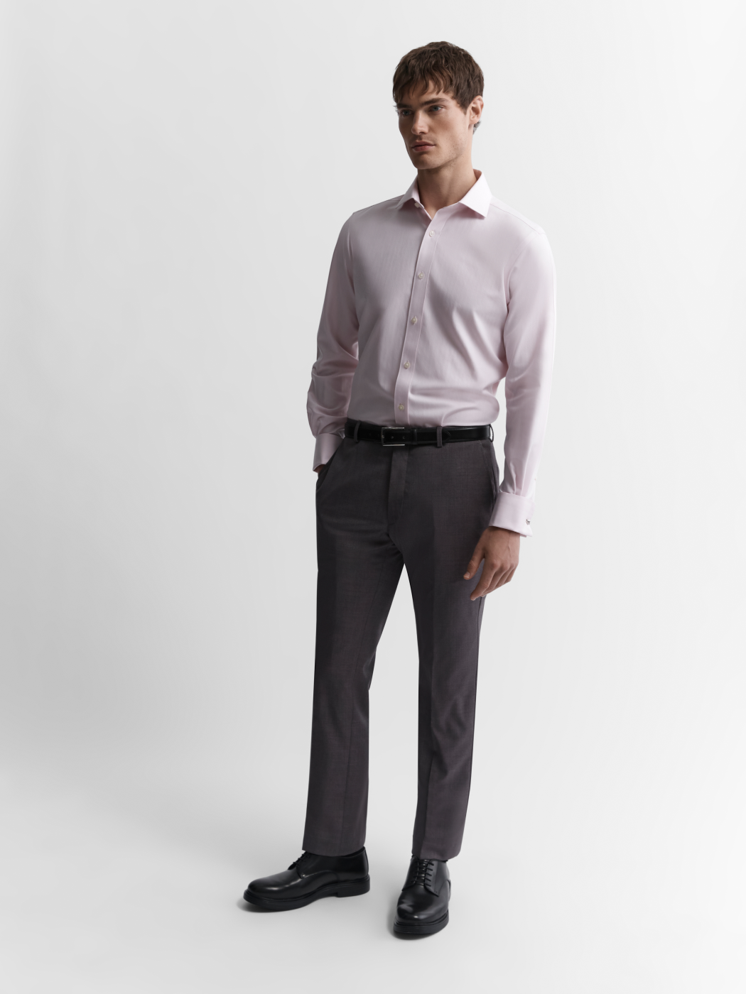 Image 1 of Non-Iron Pink Chevron Stripe Twill Slim Fit Double Cuff Classic Collar Shirt