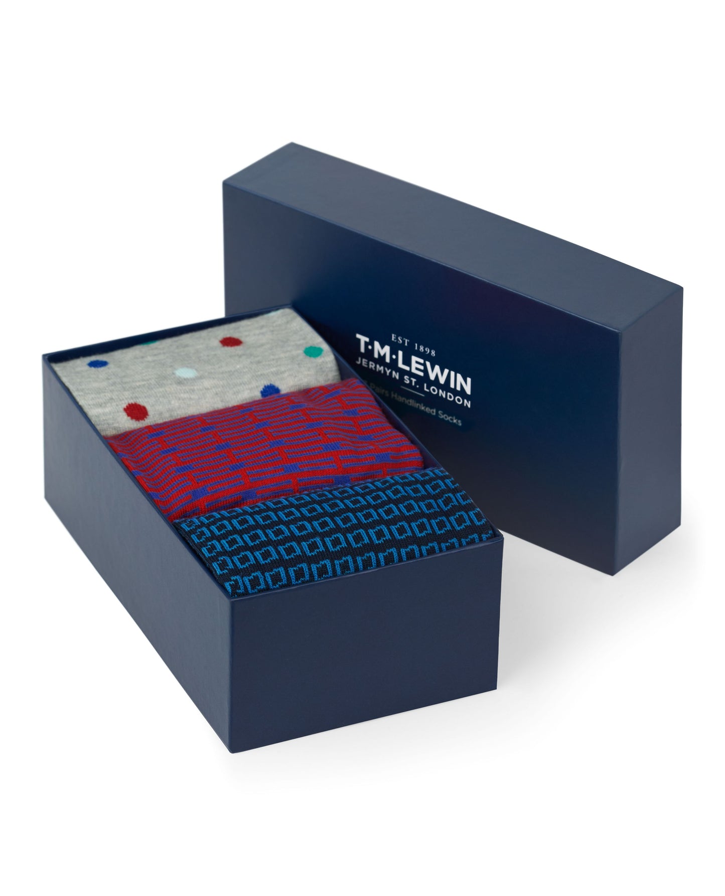 Image 1 of Navy and Grey Geometric 3 pack Socks Box Set