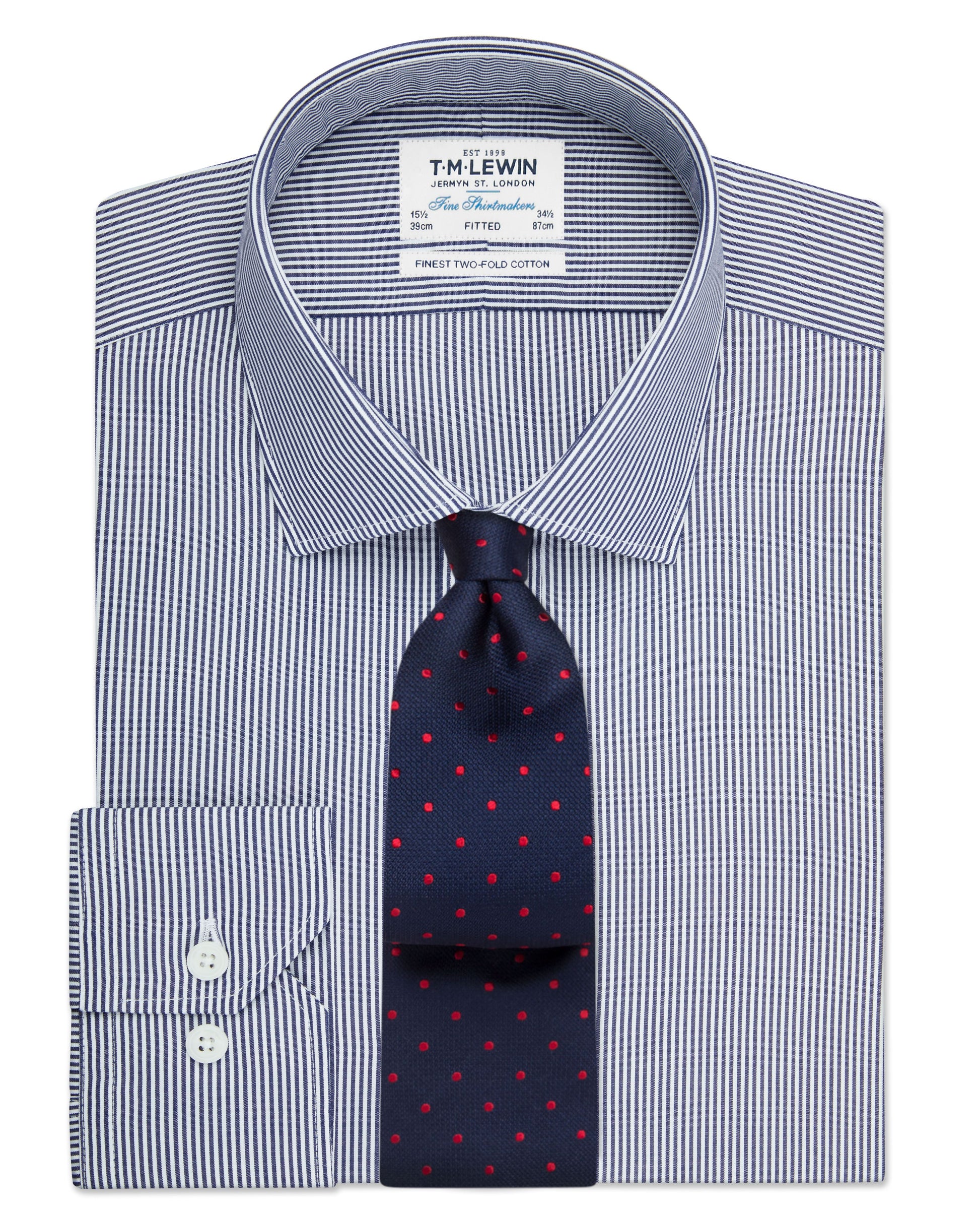 Image 1 of Navy Blue Bengal Stripe Poplin Fitted Single Cuff Classic Collar Shirt