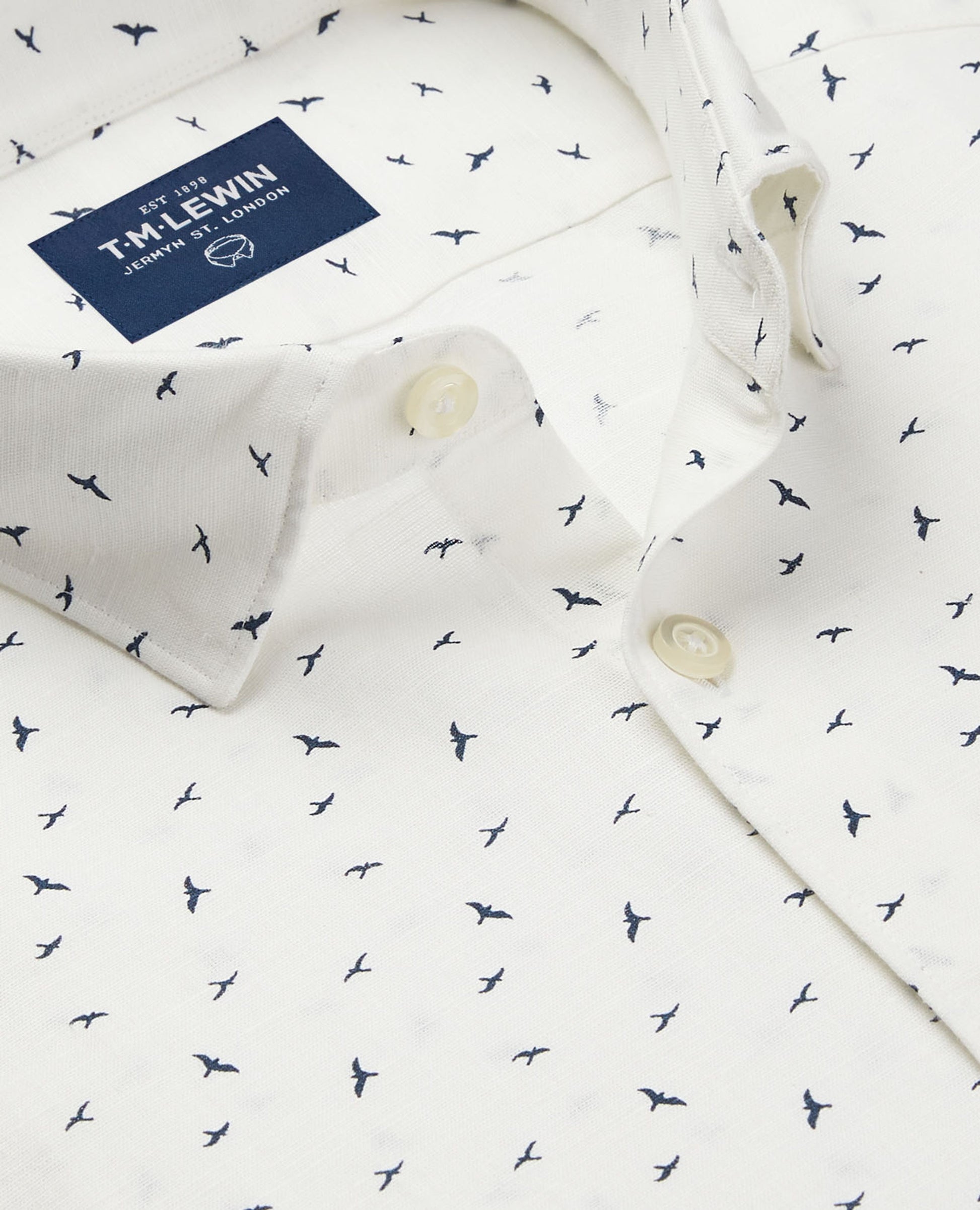 Image 3 of Cotton Linen Slim Fit Navy Bird Print Shirt