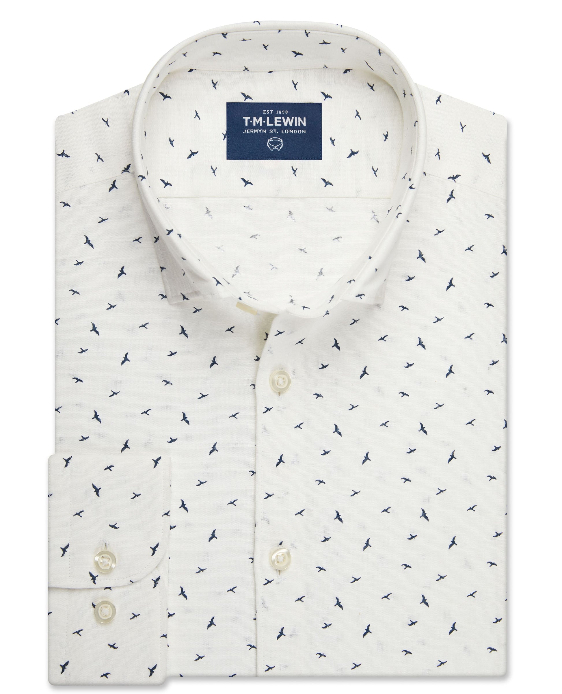 Image 1 of Cotton Linen Slim Fit Navy Bird Print Shirt