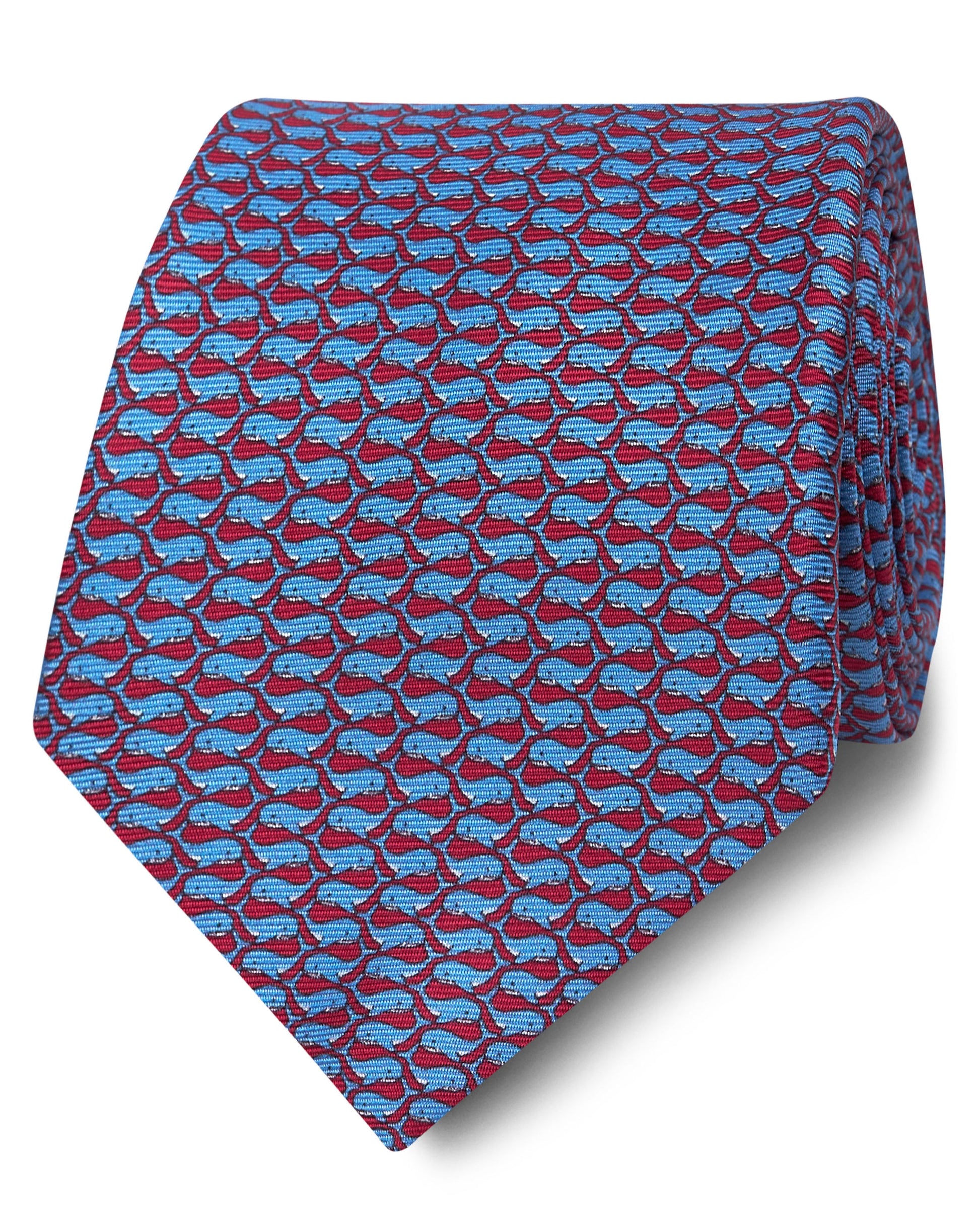 Image 1 of Wide Burgundy and Blue Whale Print Silk Tie