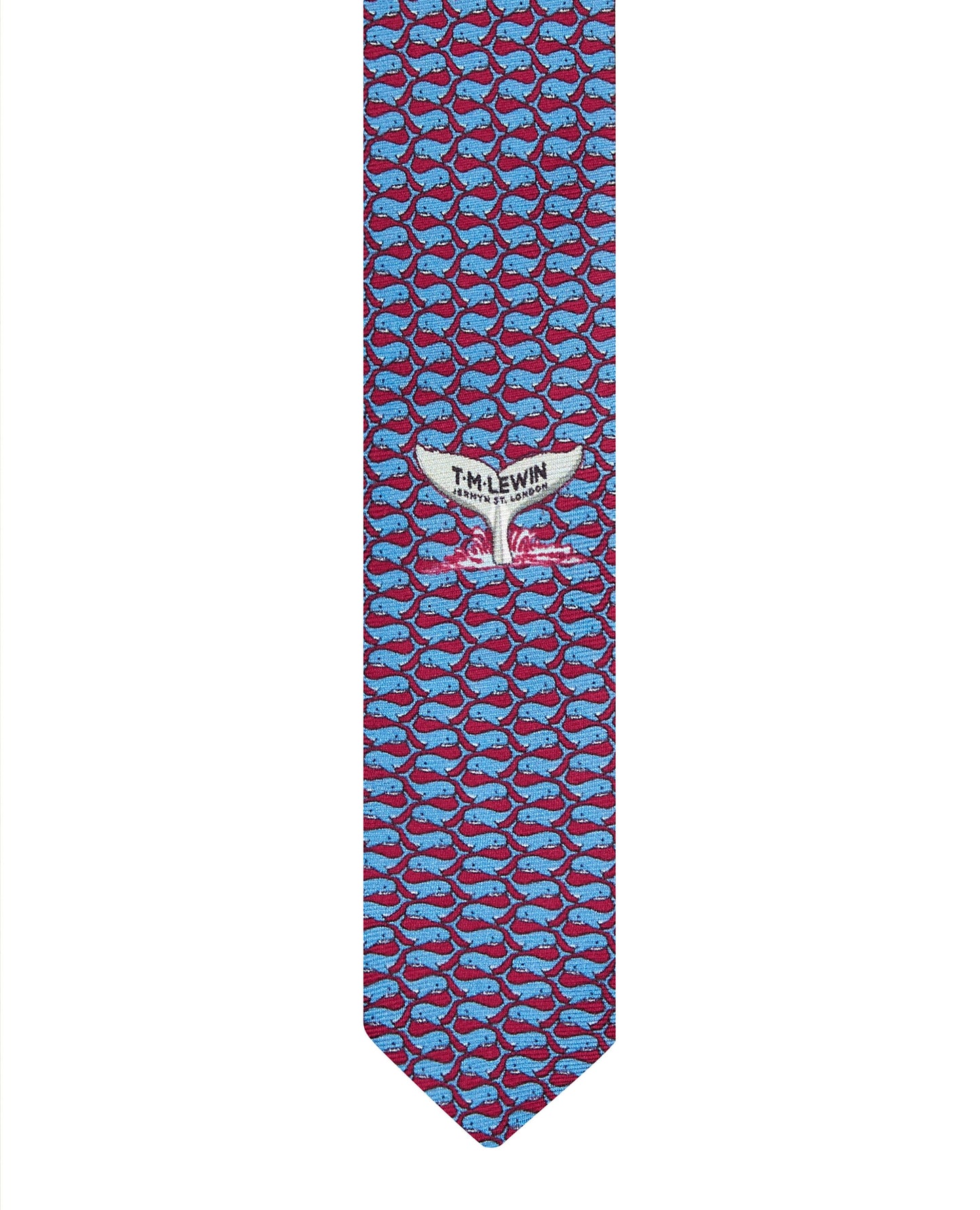 Image 3 of Wide Burgundy and Blue Whale Print Silk Tie