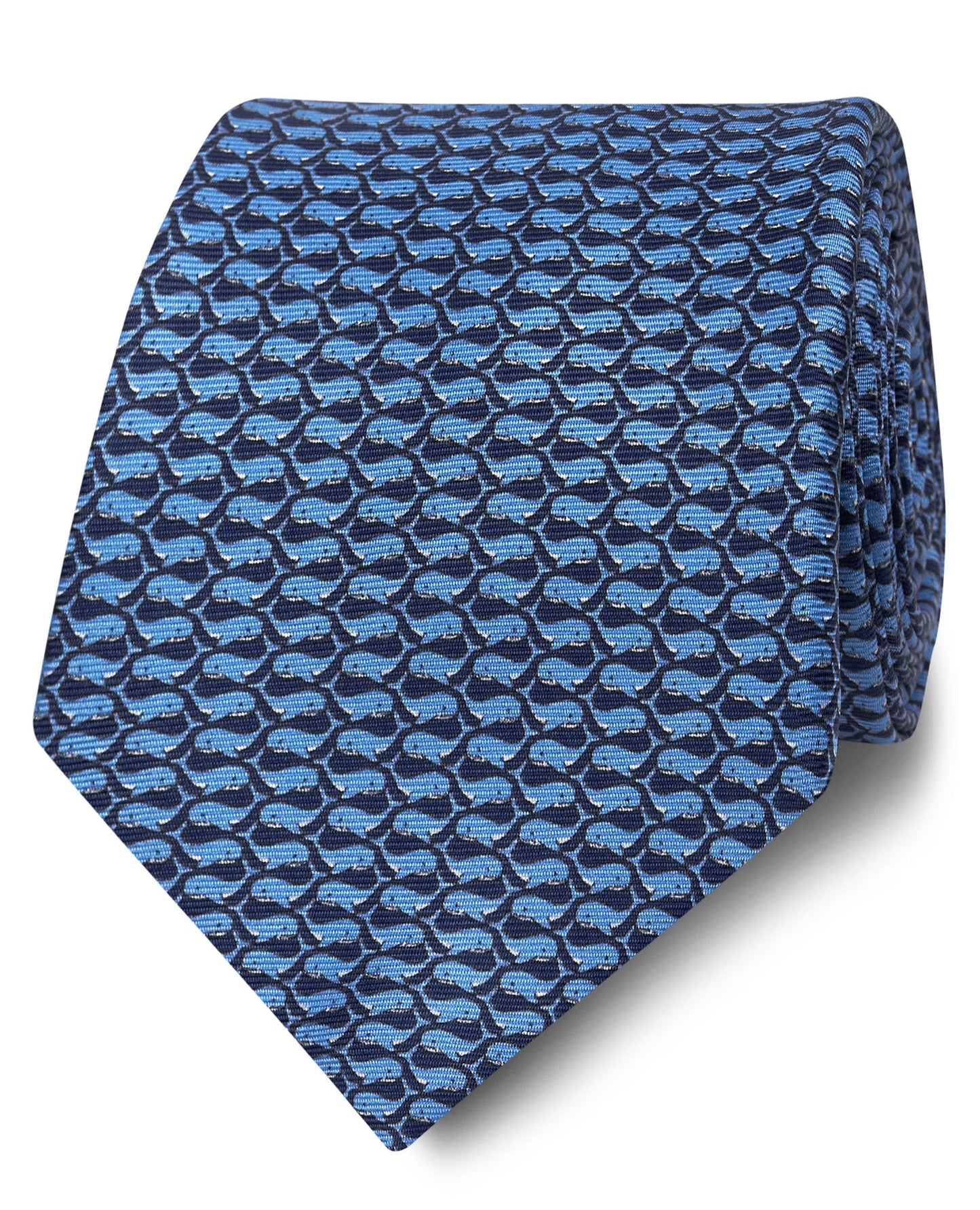 Image 1 of Wide Navy and Blue Whale Print Silk Tie