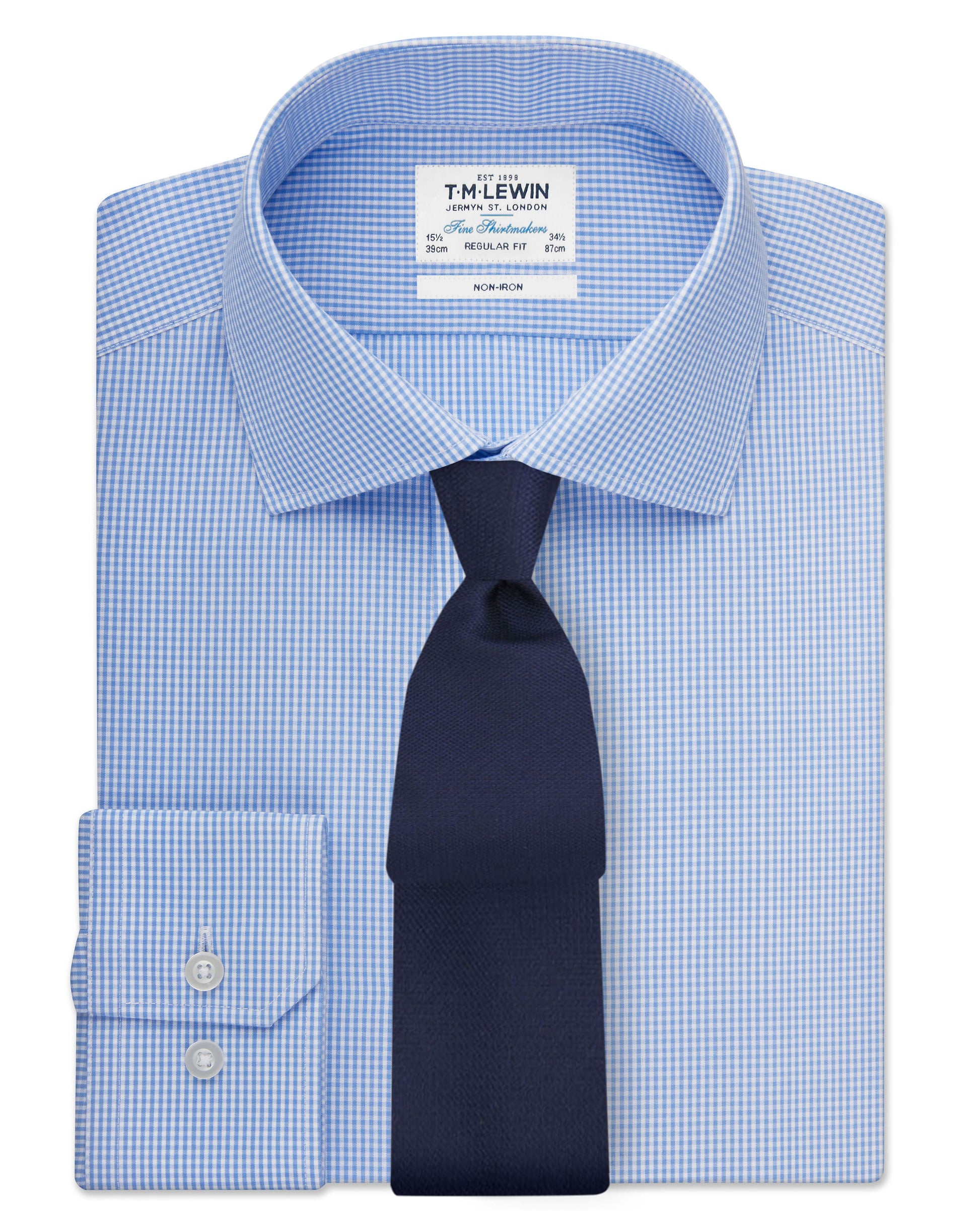 Image 1 of Non-Iron Blue Gingham Poplin Regular Fit Single Cuff Classic Collar Shirt