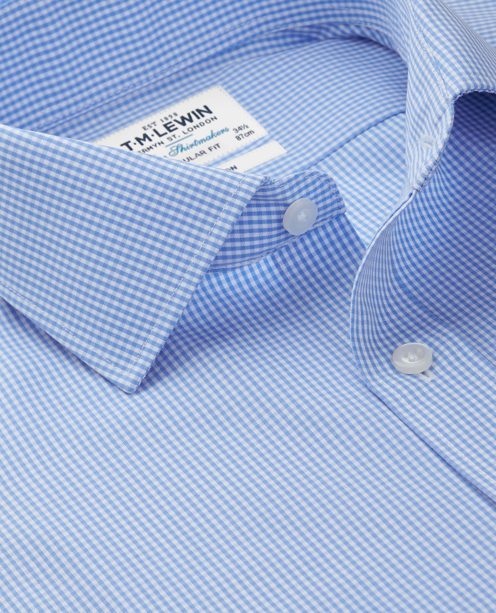 Image 3 of Non-Iron Blue Gingham Poplin Regular Fit Single Cuff Classic Collar Shirt